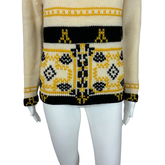 Vintage 60s Sweater Women's Medium Nordic Yellow Pattern Mod Pullover - Picture 5 of 10